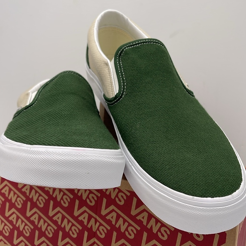 Vans Men’s Green and Cream Slip-On Sneakers 
Twill Turtledove/Green VN0A5JLXCOB - Picture 5 of 16